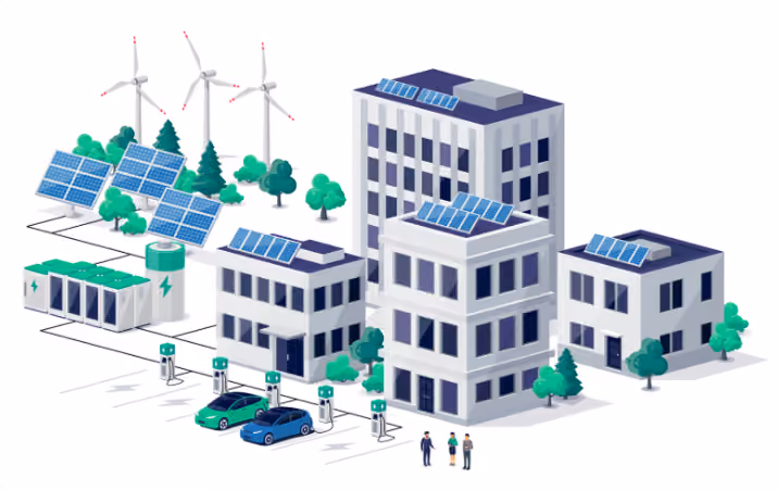 Il·lustració d'un municipi amb plaques solars, aerogeneradors i càrrega de vehicles elèctrics