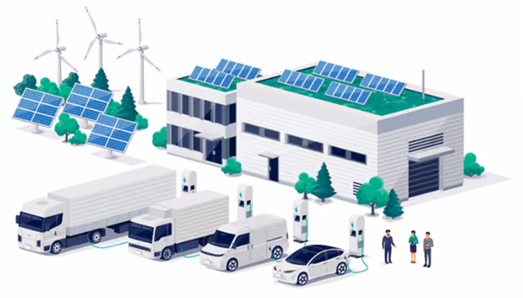 Il·lustració d'una nau industrial amb plaques solars i vehicles elèctrics