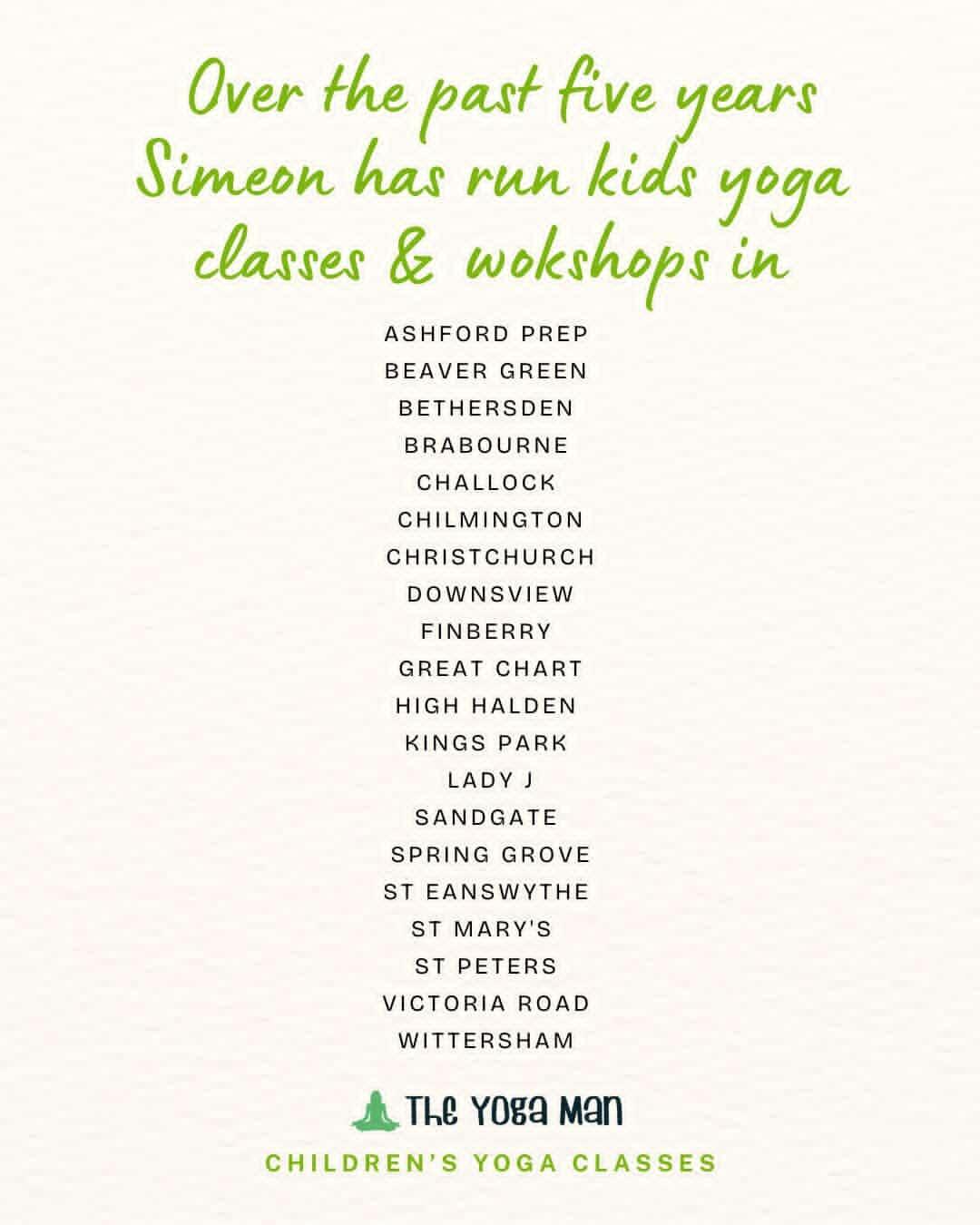 Schools and workshop locations where The Yoga Man teaches