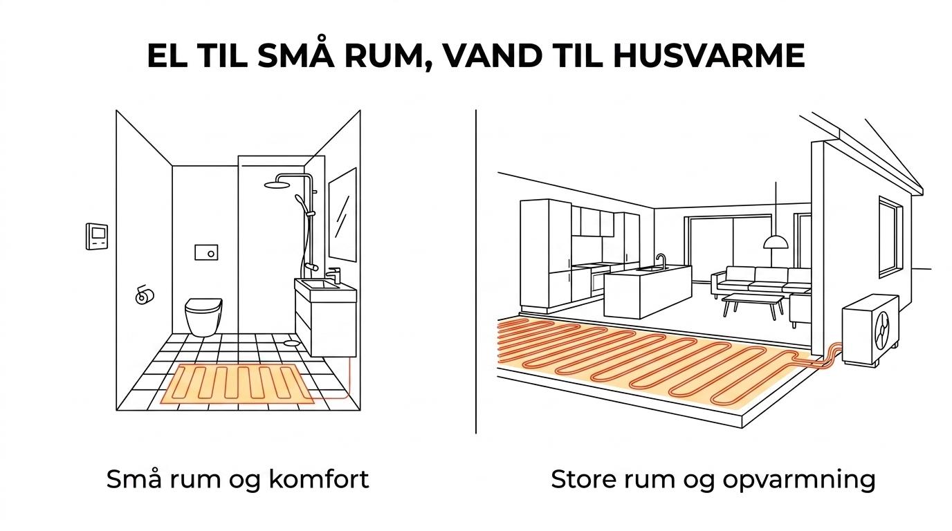 Sammenligning af el-gulvvarme til små rum som badeværelser og vandbåren gulvvarme til større opholdsrum.