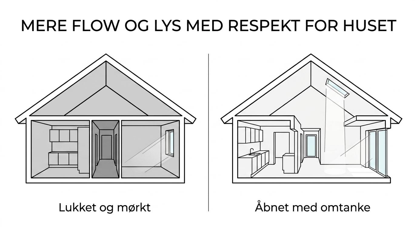 Side-by-side view of an older parcel house before and after remodeling, showing fewer corridors, a more connected kitchen-living area, and clearer private zones.