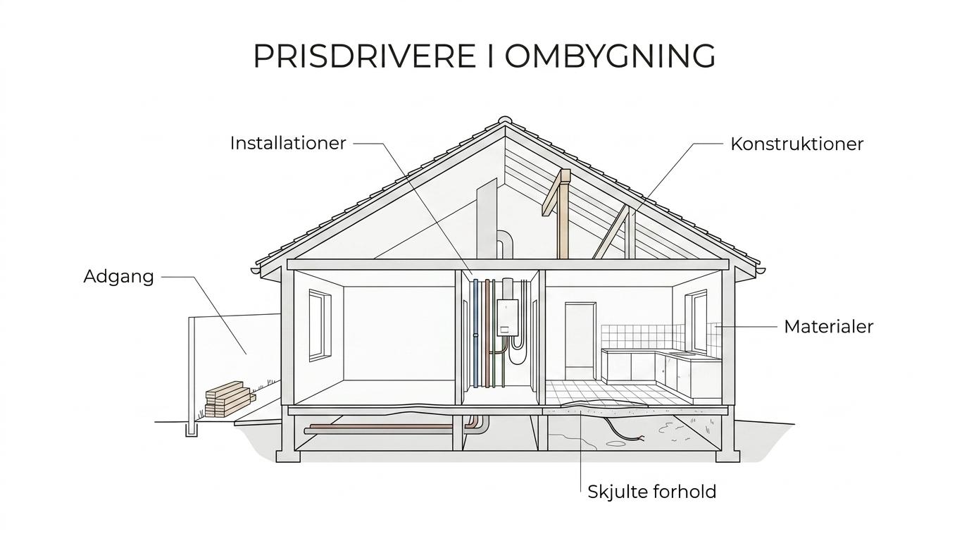 Diagram over en ombygnings samlede pris med prisdrivere som installationer, konstruktioner, materialer, eksisterende forhold, myndighedskrav og logistik.