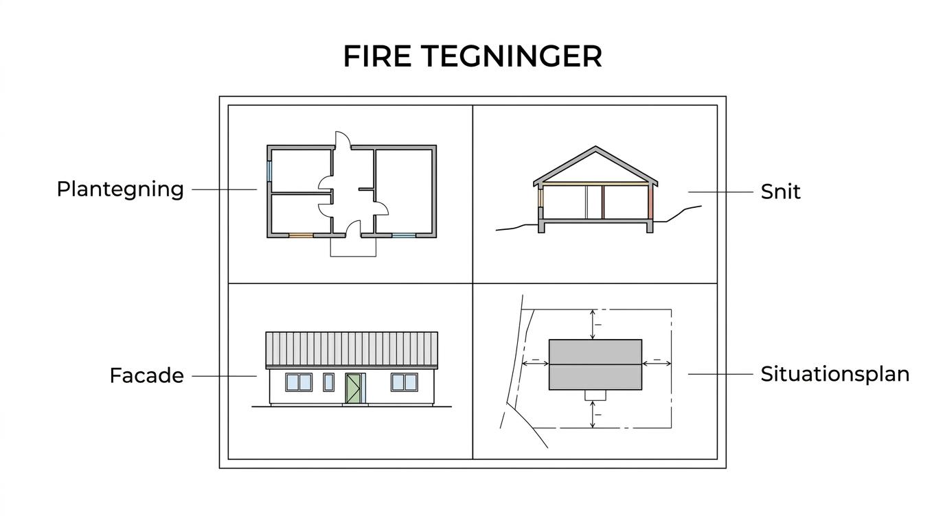 Diagram af en tegningspakke til byggetilladelse med plantegning, snit, facade og situationsplan samlet omkring ét husprojekt.