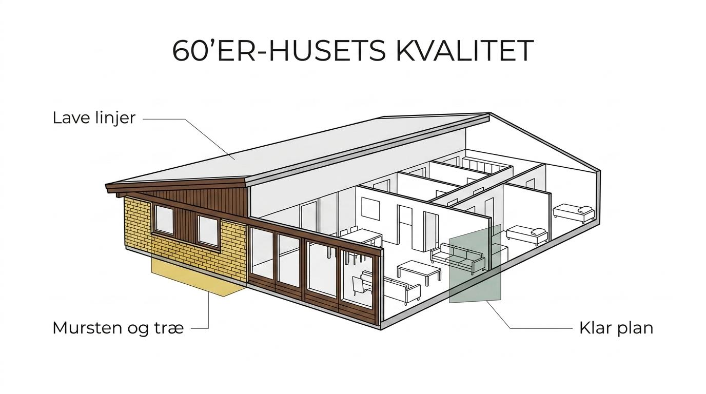 Illustration af et typisk dansk 60’er-hus med markeringer af lav taghældning, lange facadeforløb, gule mursten, mørke trædetaljer, store vinduespartier og kontakt til haven.