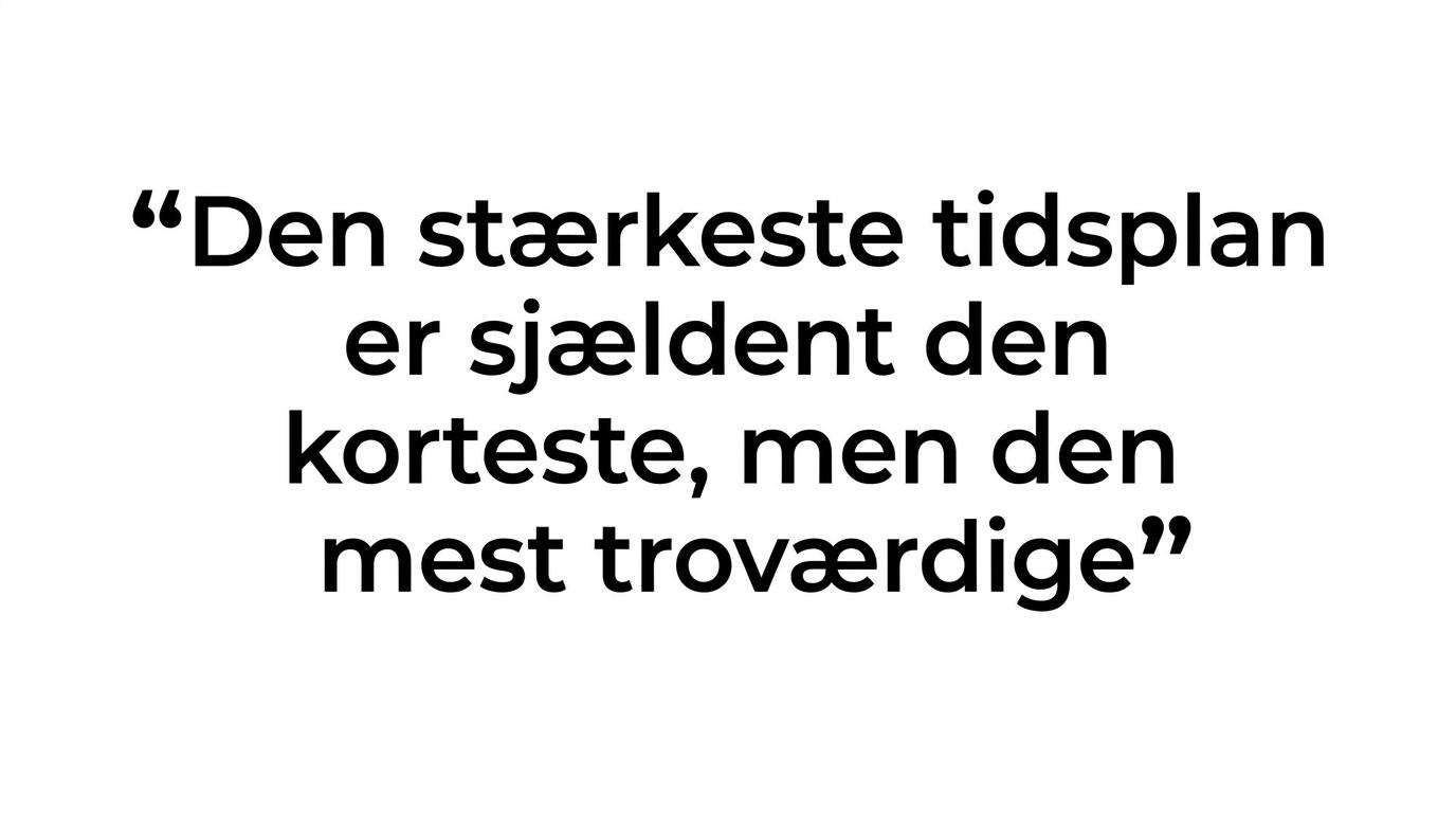 Fremhævet citat om at den stærkeste tidsplan sjældent er den korteste, men den mest troværdige.