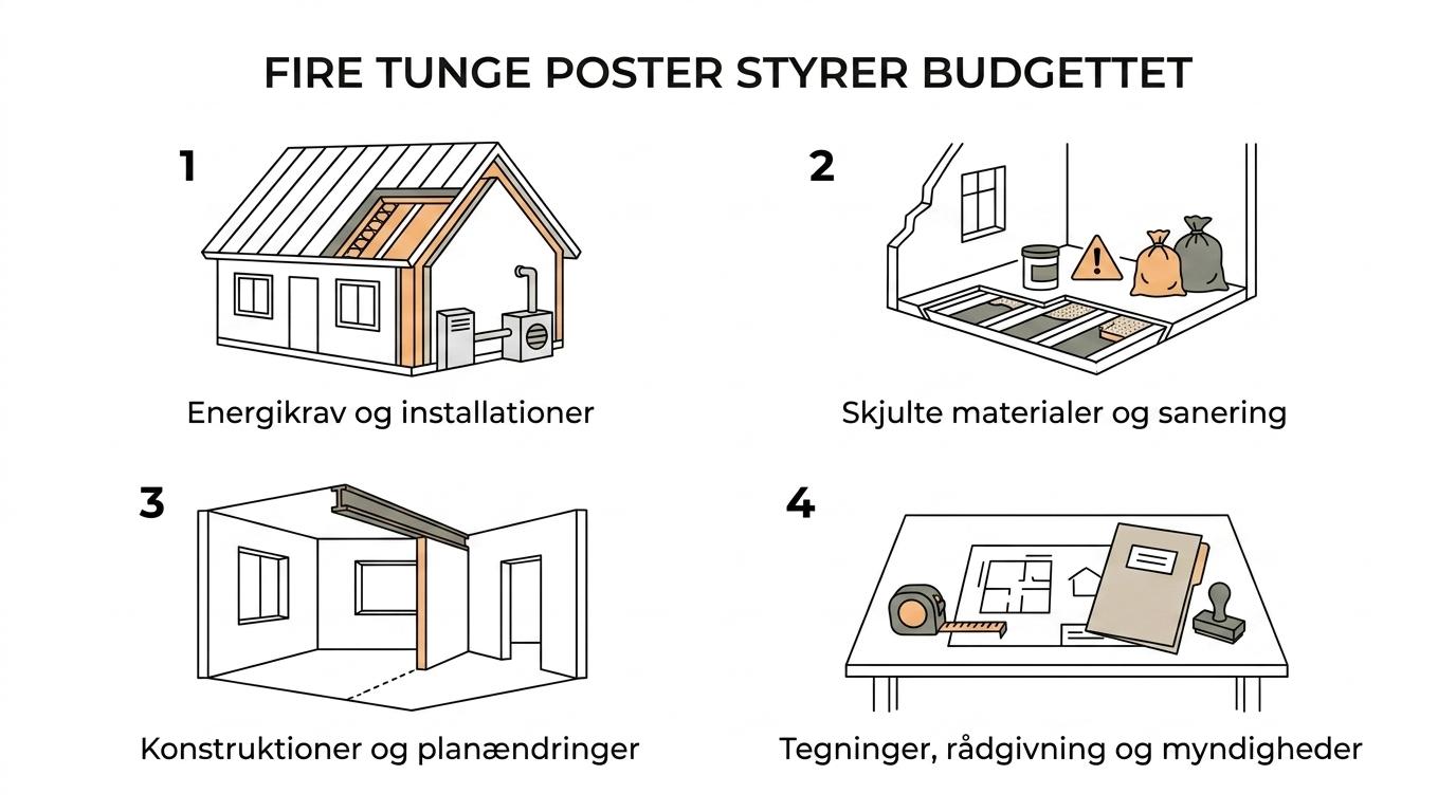 Grafisk overblik over de vigtigste prisdrivere ved totalrenovering af hus, herunder energi, skjulte materialer, konstruktioner, installationer, rådgivning og bevaring.