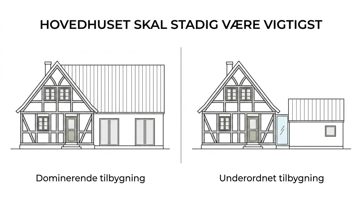 Sammenligning af et bindingsværkshus med en for høj, dominerende tilbygning og samme hus med en lavere, tilbagetrukket tilbygning med diskret glasled.