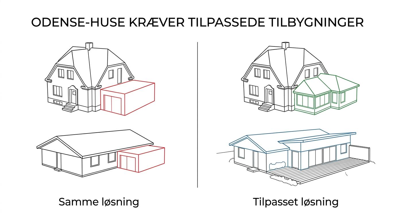 Sammenligning af typiske hustyper i Odense og de tilbygningsgreb, der passer bedst til hver type.