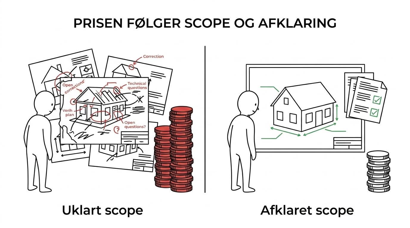 Side-by-side oversigt over tre faser i arkitektrådgivning til renovering med prisintervaller og typiske leverancer.