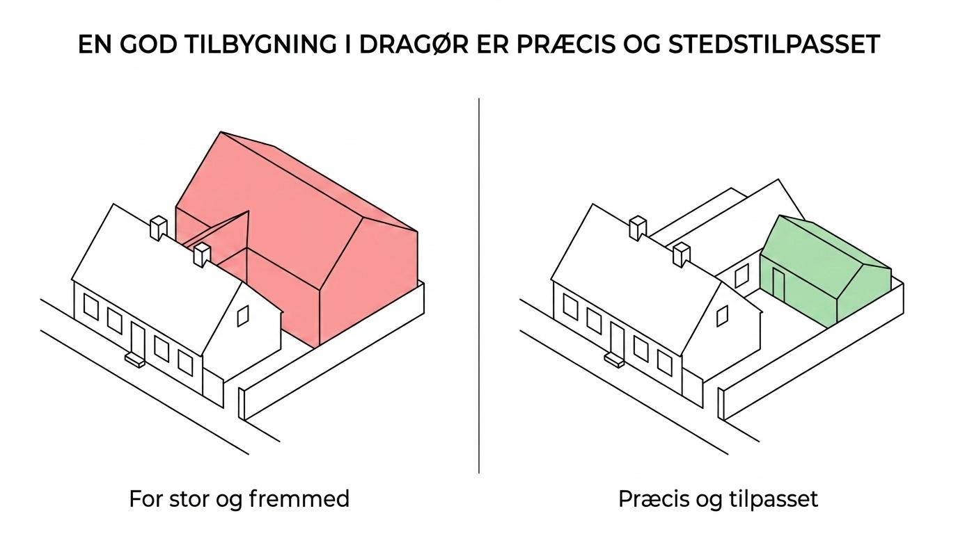 Sammenligning af to tilbygninger til et Dragør-hus: én for stor og dominerende, og én lavere, mere diskret og tilpasset gårdrum og gade.