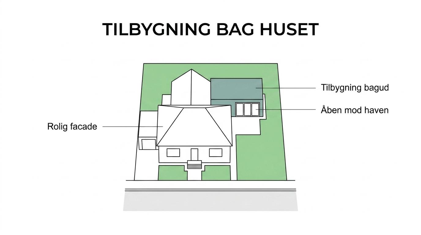 Diagram af hus og grund med rolig facade mod vejen, tilbygning bagtil og åbning mod haven.