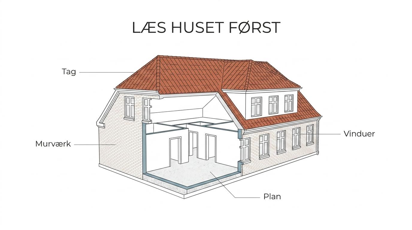 Labeled murermestervilla showing cornice, plinth, roof pitch, window rhythm, brick facade and the rear area typically opened toward the garden.