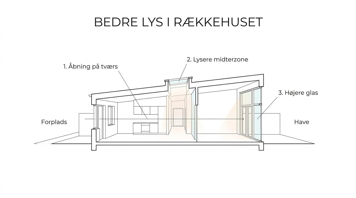 Skitse af et rækkehus i plan med lys fra facade og haveside, mørk midterzone og markerede greb som åbninger og glas mod haven.