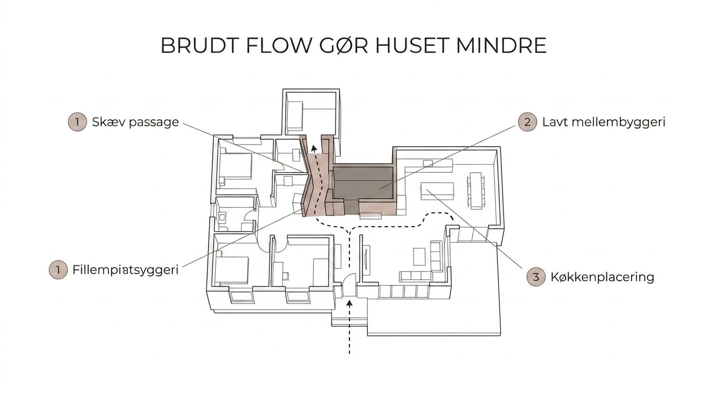 Diagram af et kompakt københavnerhus med tilbygninger og labels for mørk passage, lavt mellembyggeri, forkert placeret køkken og brudt forbindelse til haven.