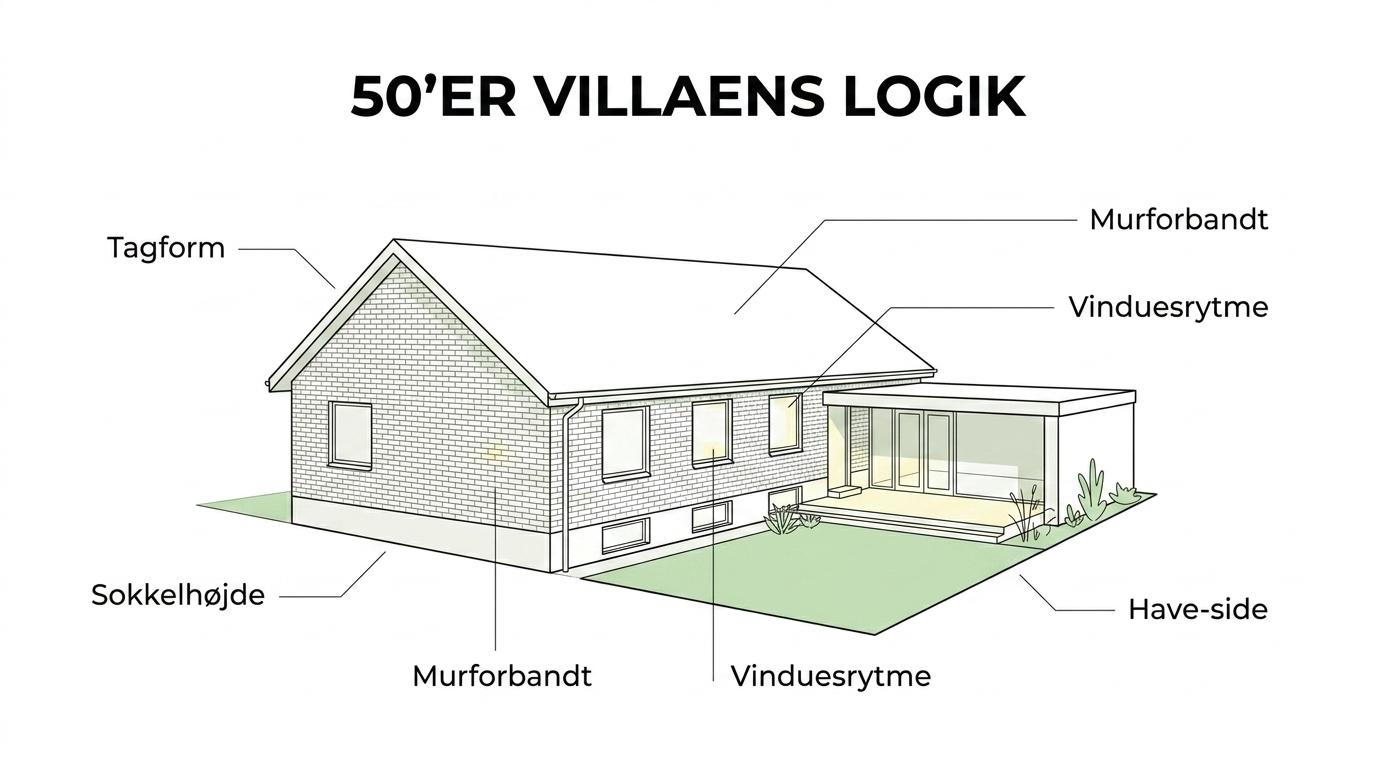 Labeled diagram of a 1950s Danish brick villa showing roof form, plinth height, brickwork, window rhythm, gable weight, and the relationship to the garden.