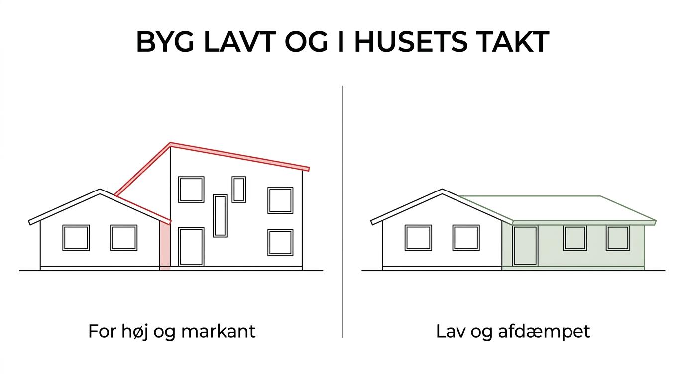 Side-by-side visning af et lavt 60’er parcelhus med en harmonisk, lav tilbygning versus en for høj og dominerende tilbygning.