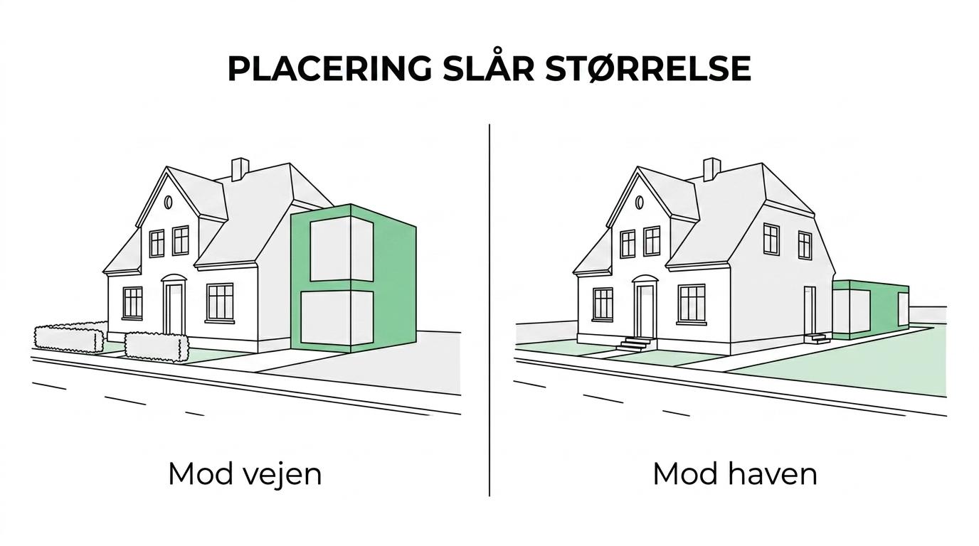 Sammenligning af to villaer med tilbygning, én skubbet frem mod vejen og én placeret diskret mod siden og haven.