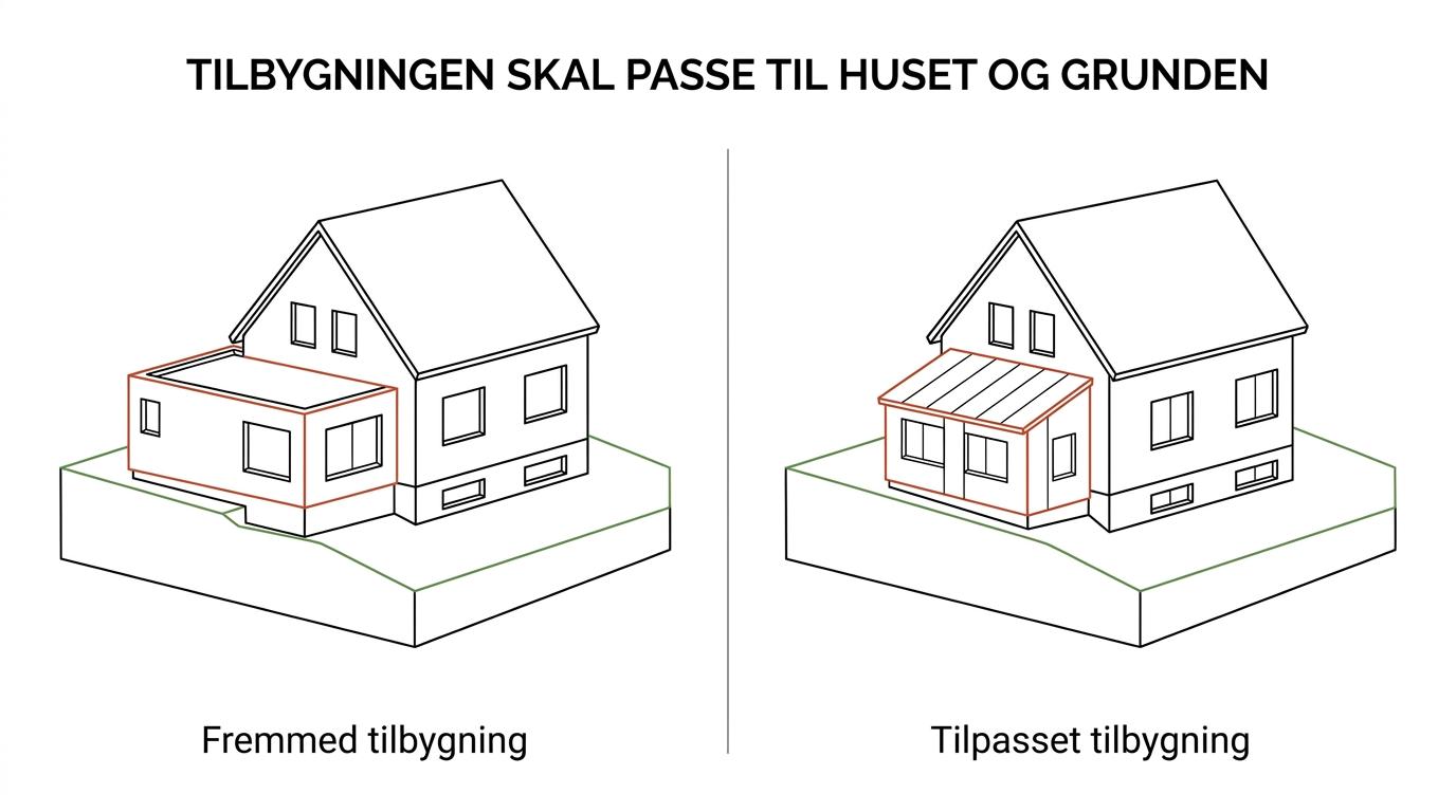 Side om side visning af det samme hus med en tung, dårligt tilpasset tilbygning og en rolig tilbygning, der følger husets linjer og haven.