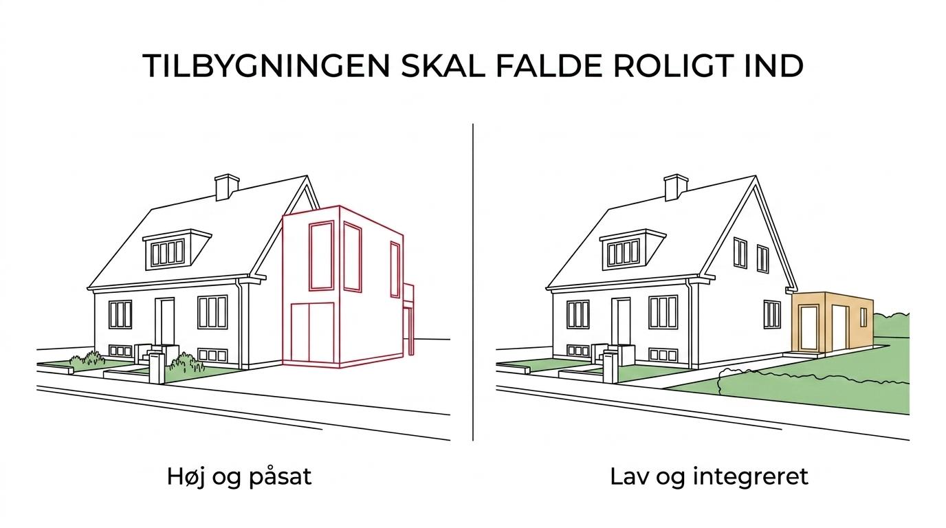 Sammenligning af en kystnær villa i Vedbæk og et grønnere boligområde i Trørød med forskellige typer tilbygninger.