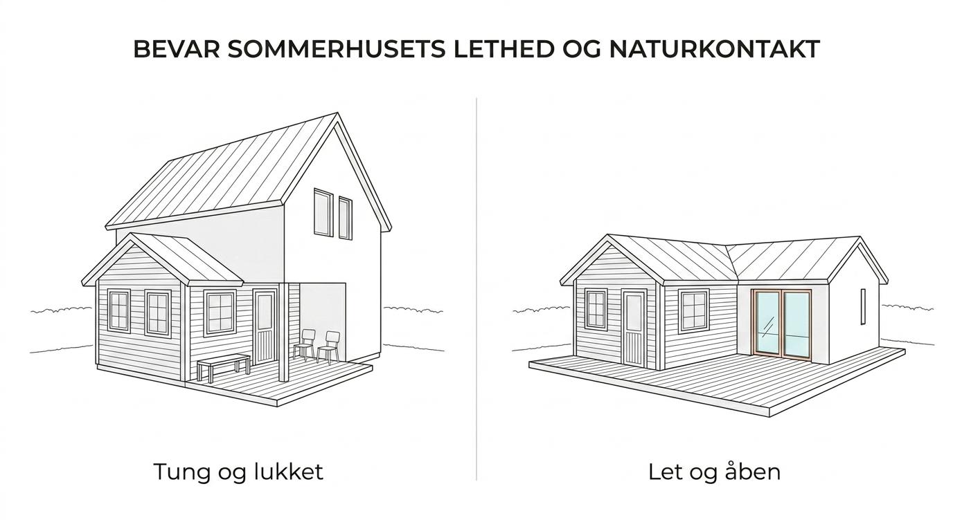 Sammenligning af to sommerhuse: ét med en lav, enkel tilbygning der følger huset og terrassen, og ét med en stor, tung udvidelse med stejlere tag og flere vinkler.