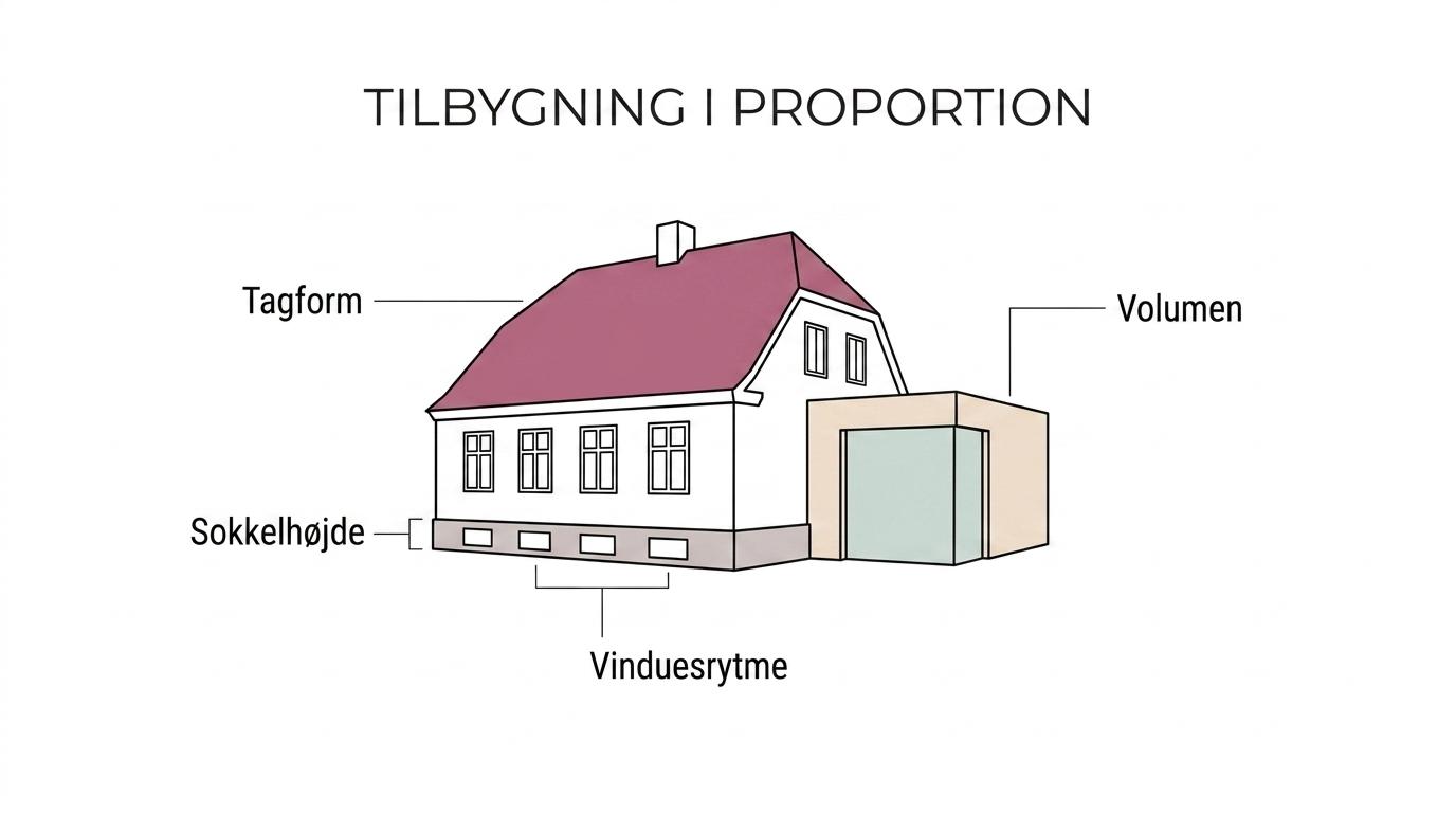 En ældre villa med markerede arkitektoniske nøgletræk som tagform, sokkelhøjde, murværk, vinduesrytme og relation til haven.