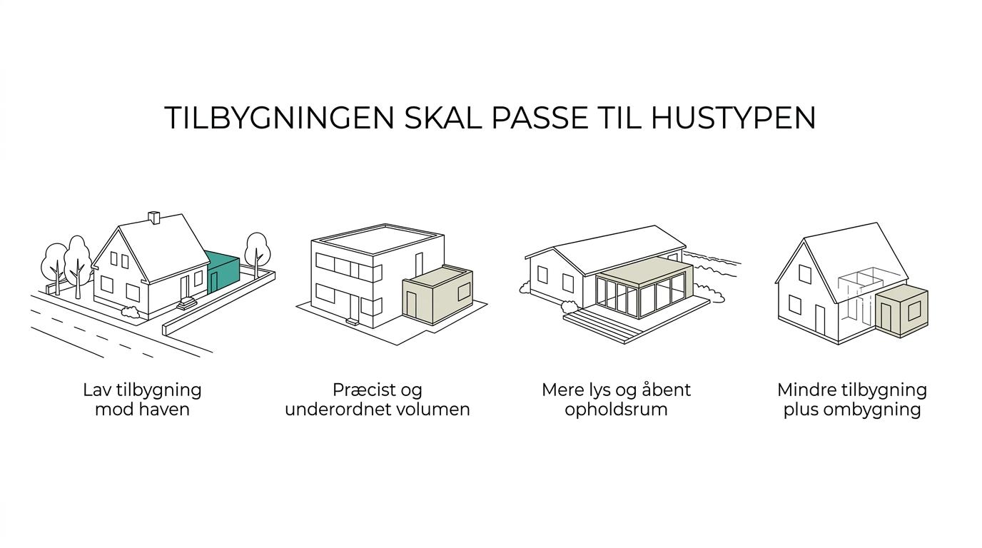 Oversigt over fire typiske hustyper i Brønshøj og den tilbygningsløsning, der passer bedst til hver.