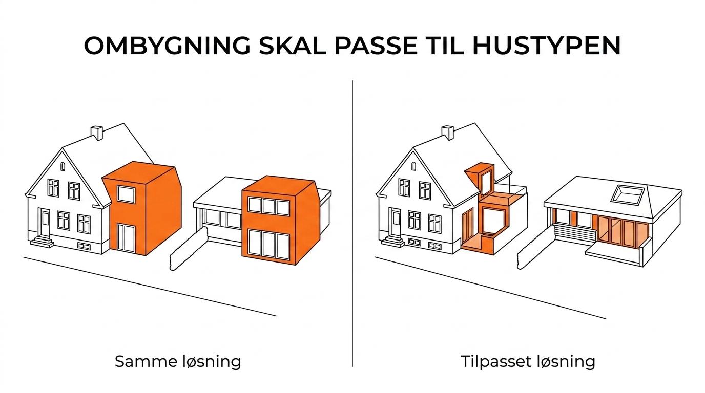 Sammenligning af typiske hustyper i Roskilde med deres almindelige udfordringer og de ombygningsgreb, der fungerer bedst.