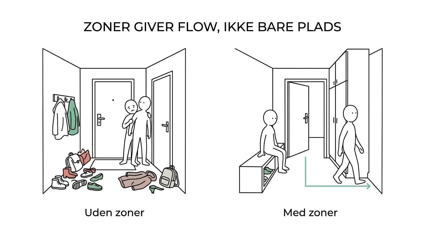 Side om side ses en trang entré med krydsende bevægelser og rod samt en bedre disponeret entré med garderobe, bænk og fri passage.
