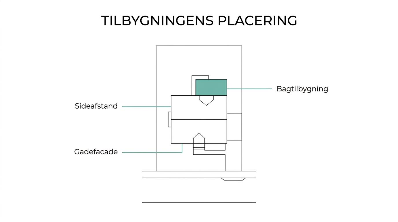Diagram of a Vanløse house plot labeled with street-facing facade, side distances, garden side, driveway, neighboring houses, and likely extension zones.