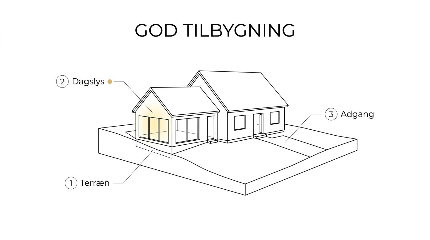 Labeled house and plot in Vejle showing terrain, driveway, garden connection, daylight, views, access, and a carefully placed extension.