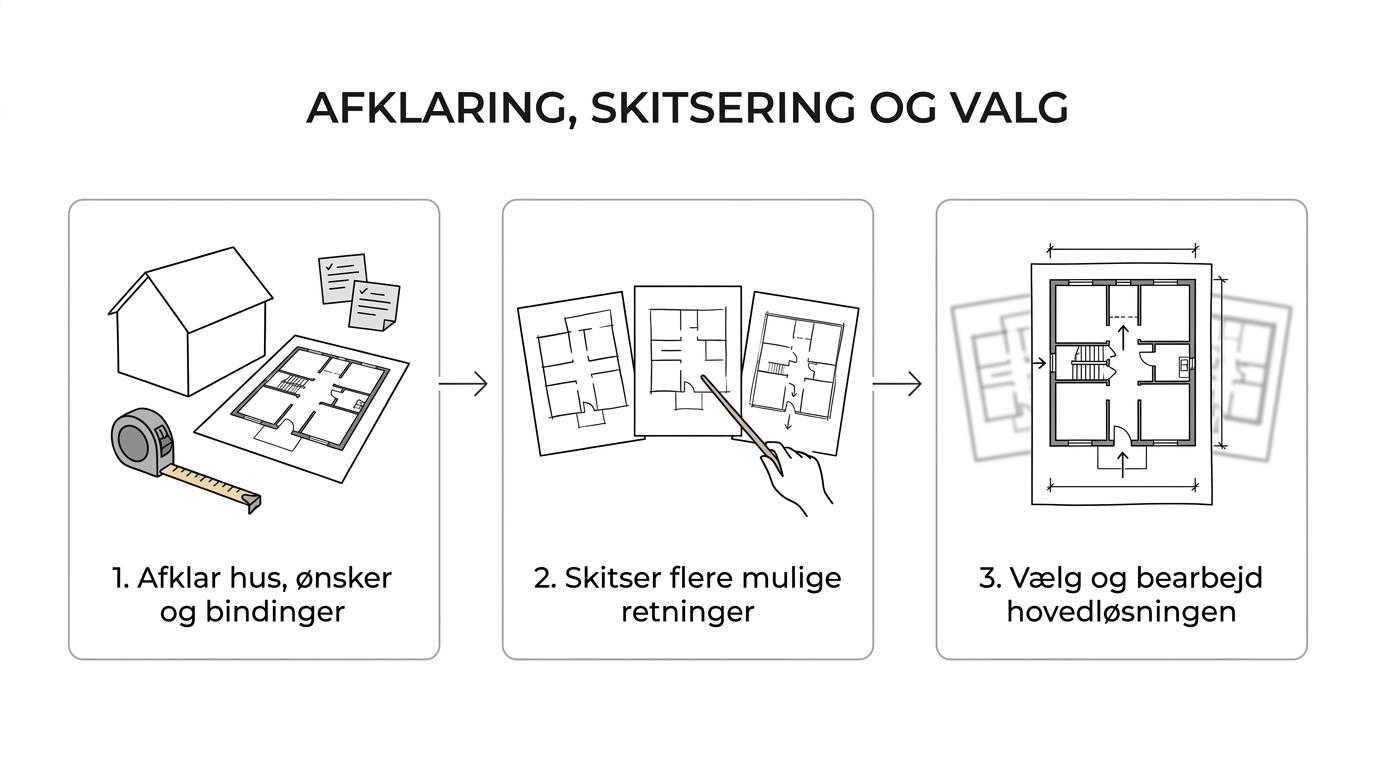 Diagram over tre trin i et arkitektonisk skitseforslag: afklaring, skitsering og valg af hovedløsning.