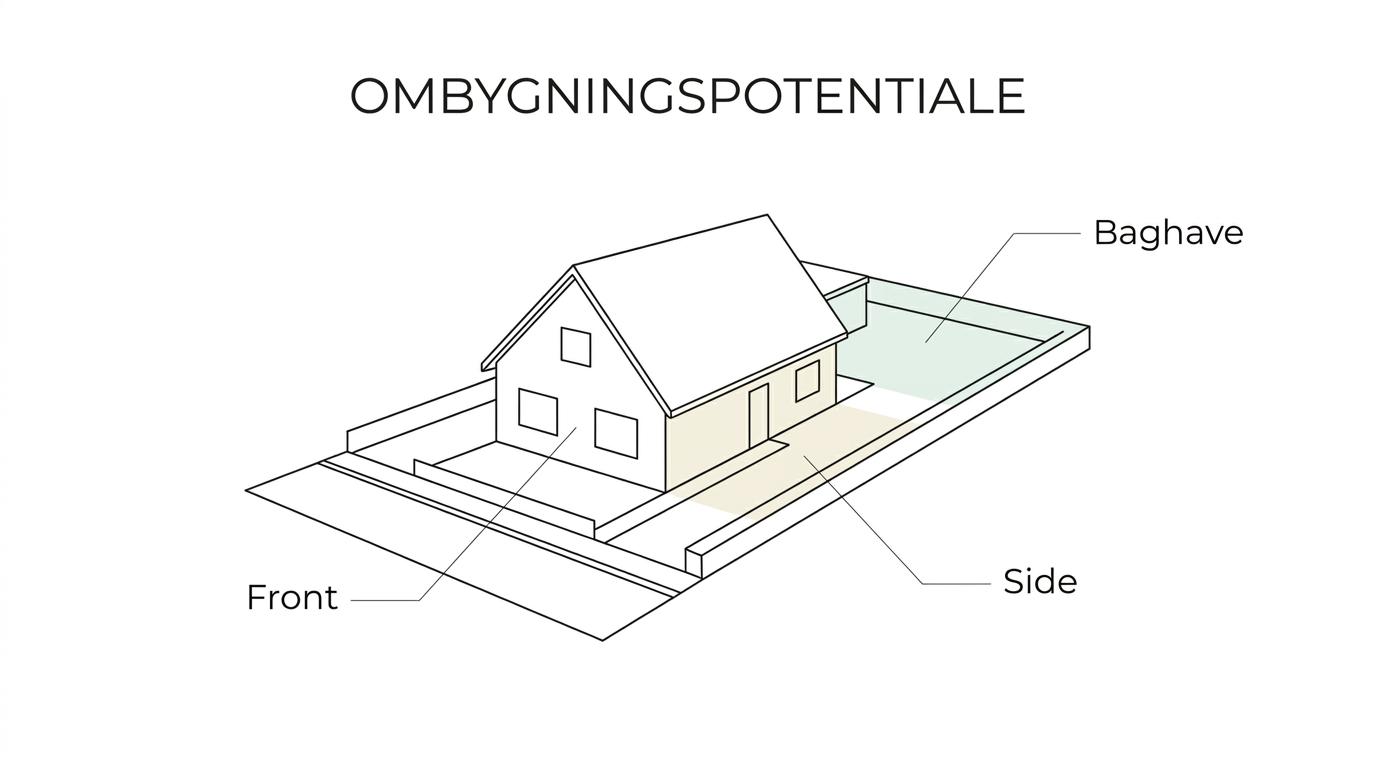 Diagram af et parcelhus og dets grund med rolig gadefacade, sideindgang, carport og ombygningspotentiale mod haven.
