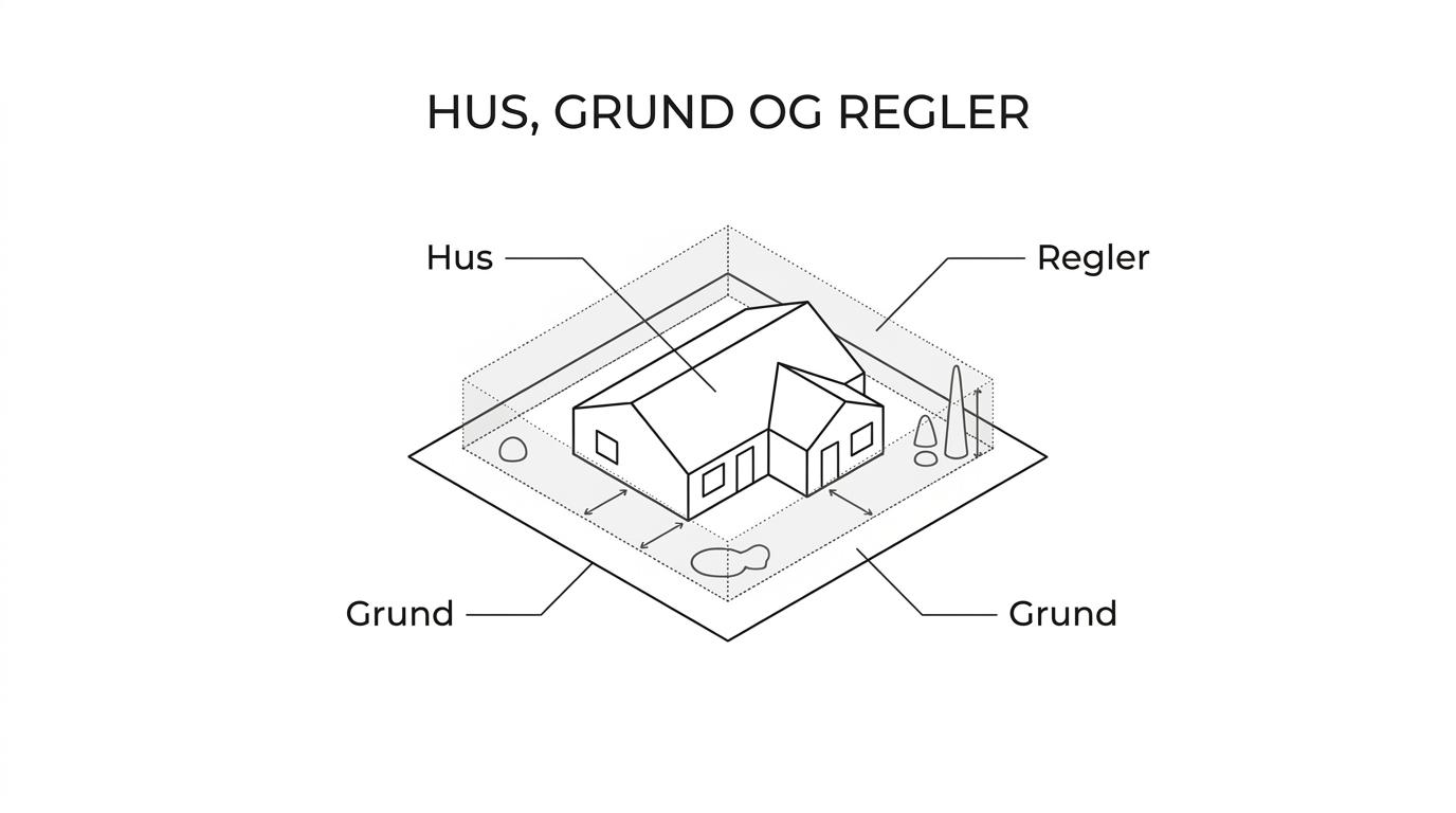 Diagram af et hus og en grund med markeringer for planløsning, lys, facade, lokalplan, servitutter, landzone og terræn.