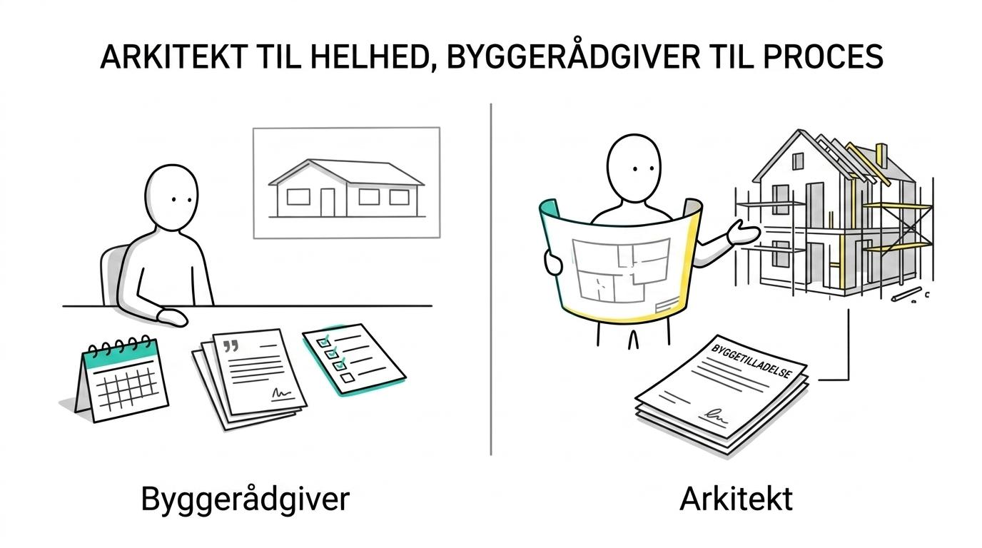 Sammenligning af arkitekt og byggerådgiver på tværs af design, byggetilladelse, koordinering og byggeopfølgning.