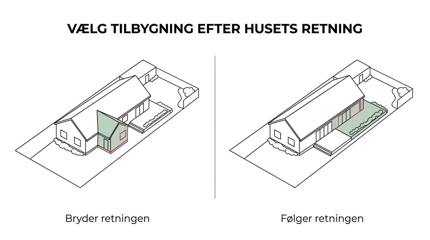 Sammenligning af et hus med gavltilbygning og det samme hus med bagtilbygning, vist i forhold til facade mod vej og have.