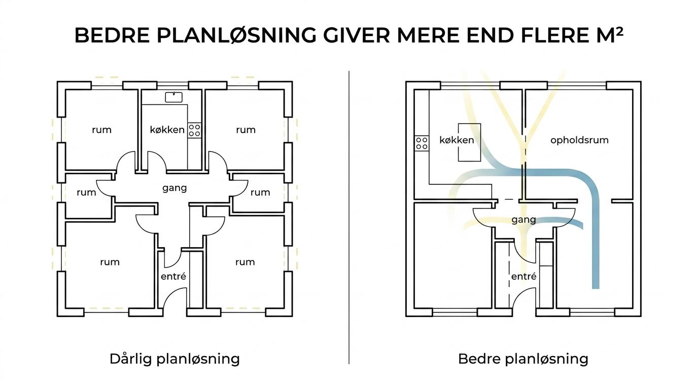 Sammenligning af en gammel og en ny planløsning i et ældre hus, hvor lukket køkken og mørk gang er ændret til mere sammenhængende og lyse opholdsrum.