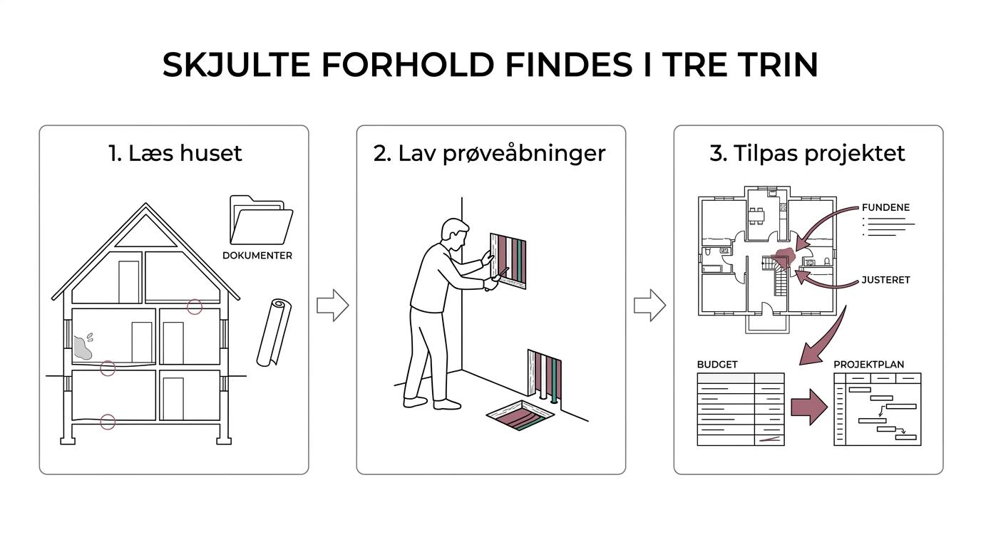 Flowdiagram over tre trin i en husrenovering: læs huset, lav målrettede prøveåbninger og brug fundene til at justere design, budget og tidsplan.