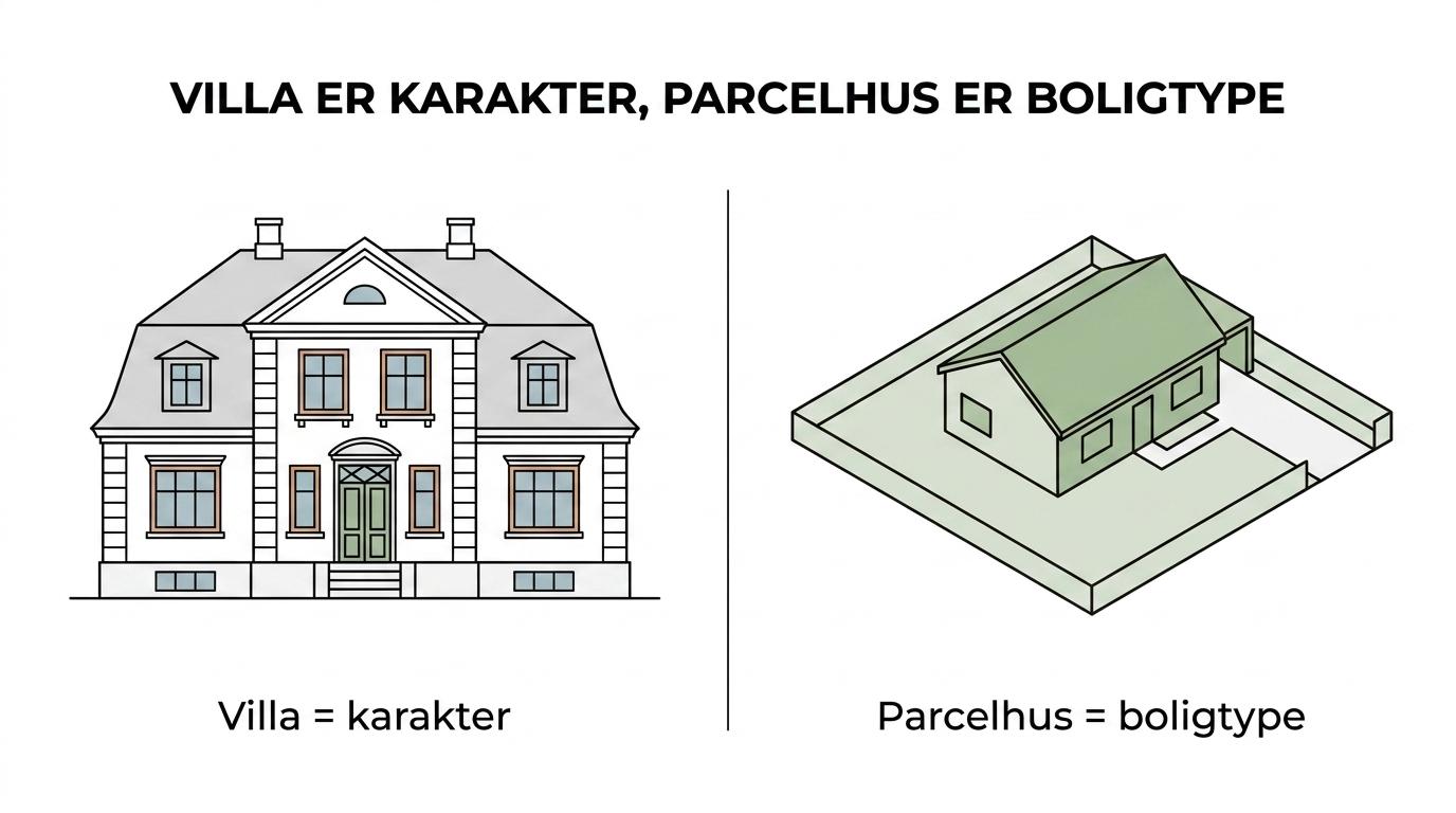 Side-om-side visning af en klassisk villa og et lavt parcelhus med korte markeringer af stil versus formel boligkategori.