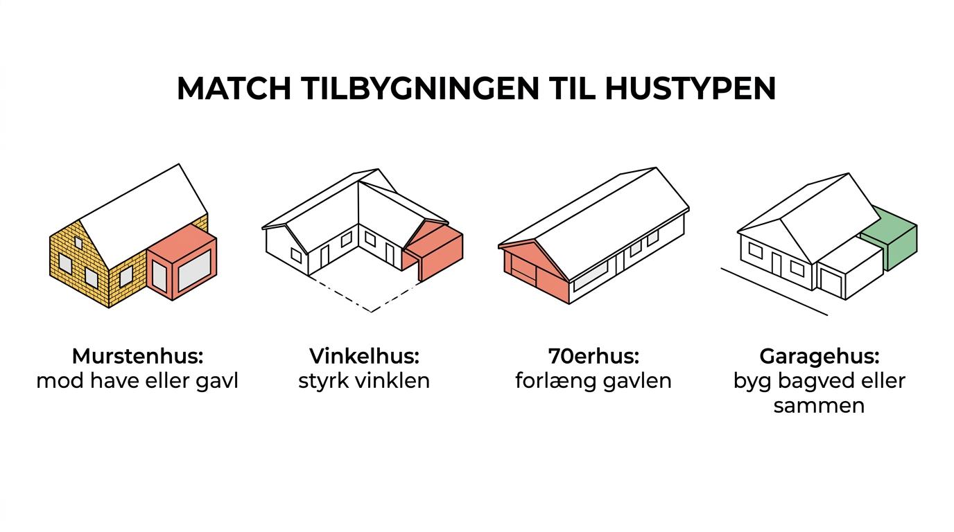Oversigt over fire typiske parcelhustyper i Lyngby og de tilbygningsløsninger, der passer bedst til hver type.