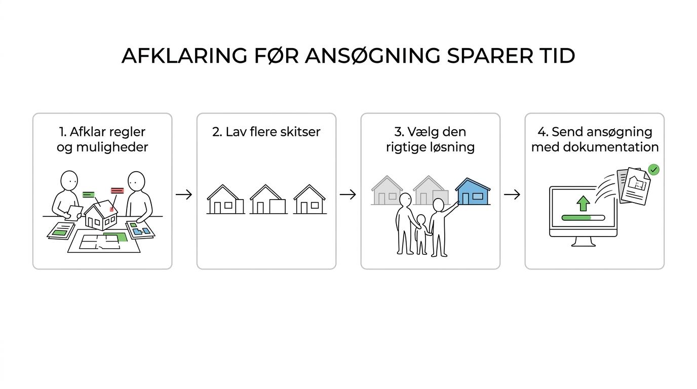 Procesgrafik, der viser forløbet fra forundersøgelse og opmåling til skitseforslag, valg af løsning, byggeansøgning i Byg og Miljø og videre projektering.