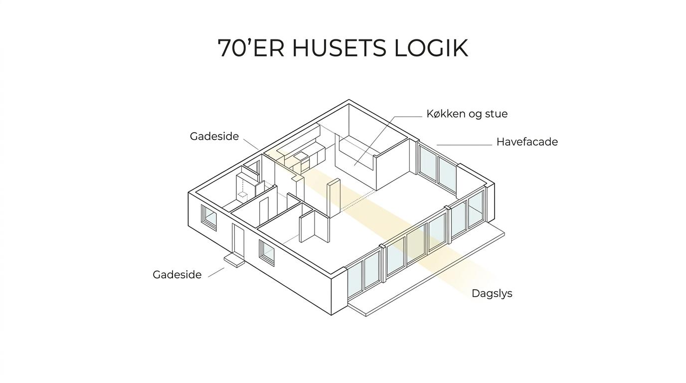 Labeled 70s parcel house showing closed street side, open garden facade, low roofline, and daylight moving through kitchen and living spaces.