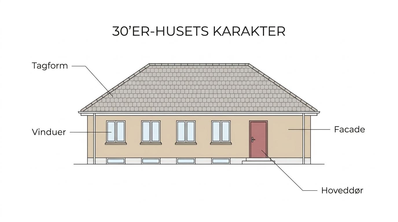 Labeled front view of a typical 1930s Danish house highlighting window rhythm, main door placement, roof pitch, plinth, brick facade details, and overall proportions.