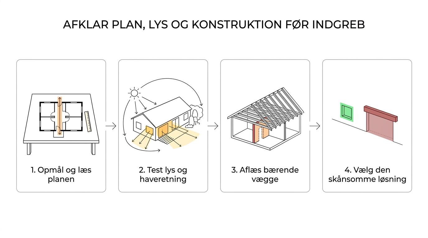 Flowdiagram over bungalowombygning fra opmåling og planlæsning til dagslystest, kontrol af bærende vægge, lokale regler og valg mellem intern ombygning eller tilbygning.