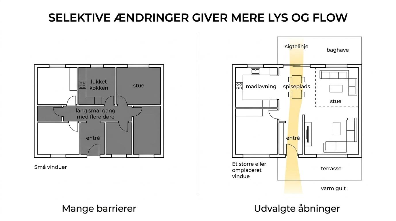 Side-by-side floor plans of a 1970s single-story house, showing a closed layout with long circulation and dark center versus a brighter layout with selective openings, clearer zones, and a stronger link to the garden.