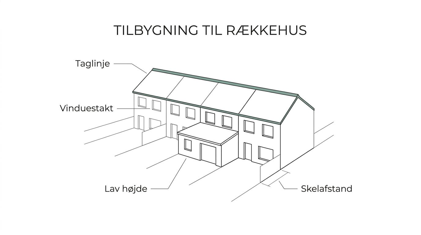 Labeled diagram of a row house with a rear extension showing roofline, scale, boundary distance, and openings toward the garden.