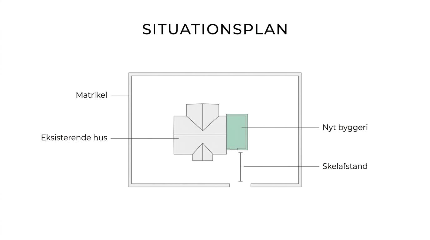 Labeled site plan showing a plot boundary, existing house, new extension, distances to neighboring boundaries, driveway, outbuildings, and key outdoor elements.
