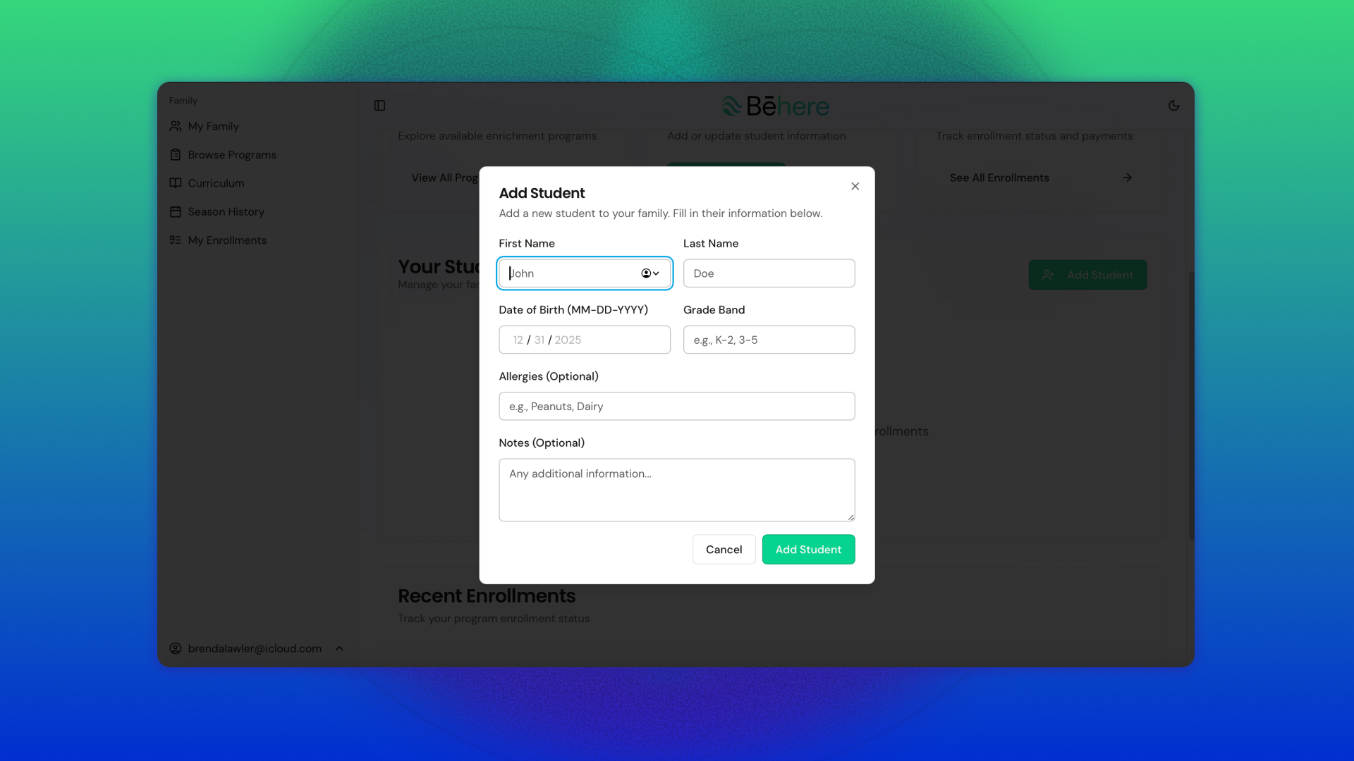 Bēhere Add Student View