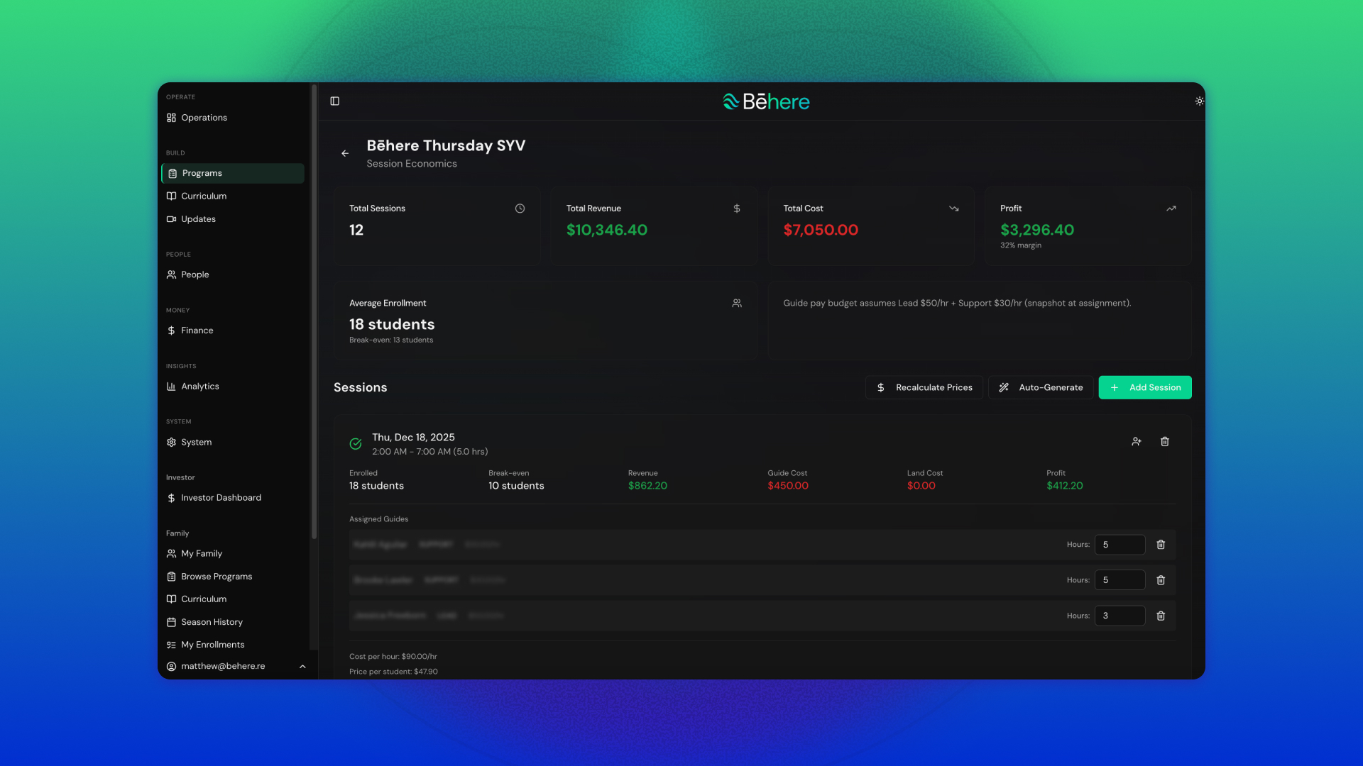 Bēhere Program Economics Admin View