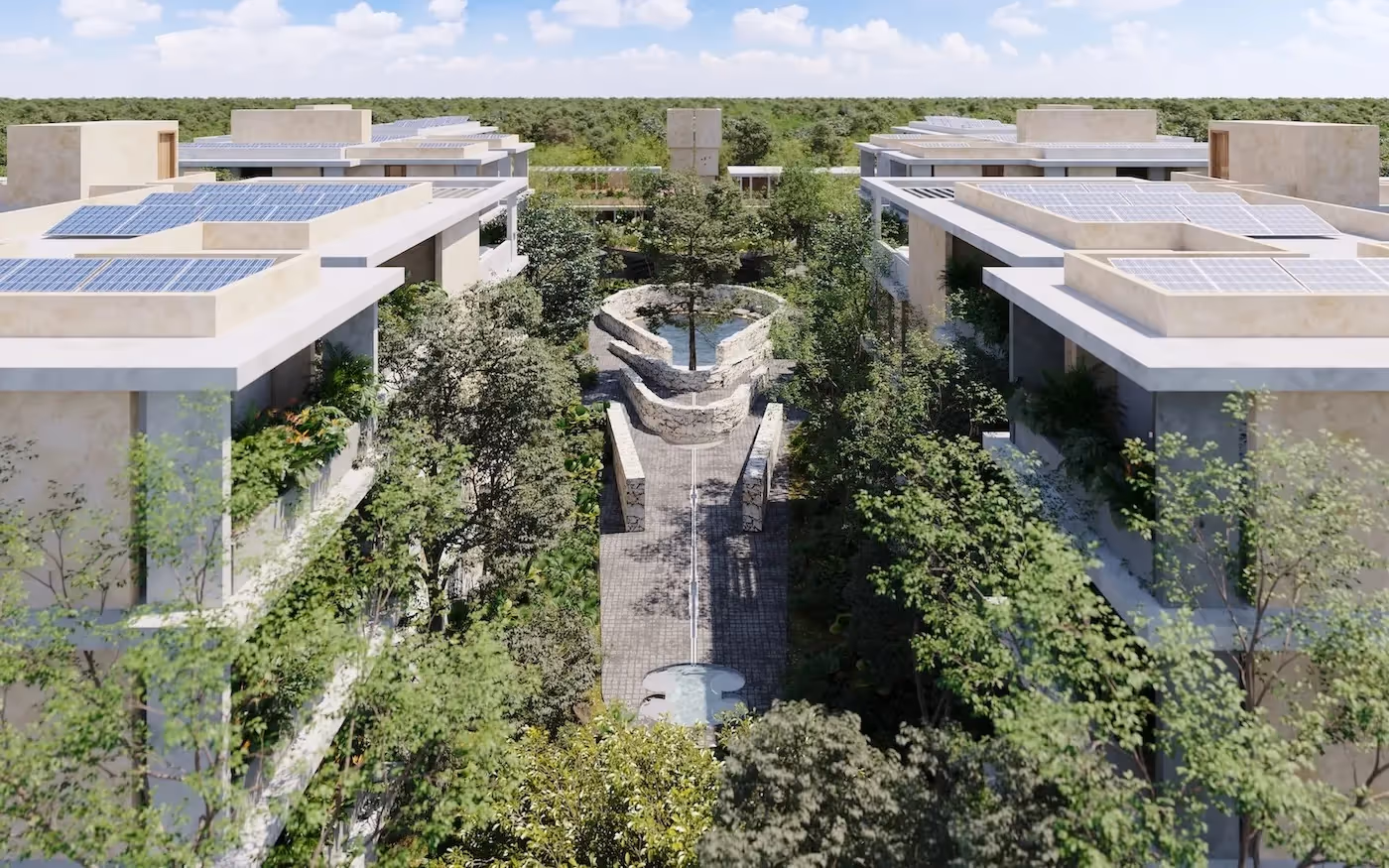 Solar panels on eco-friendly building for those who buy apartment in Tulum