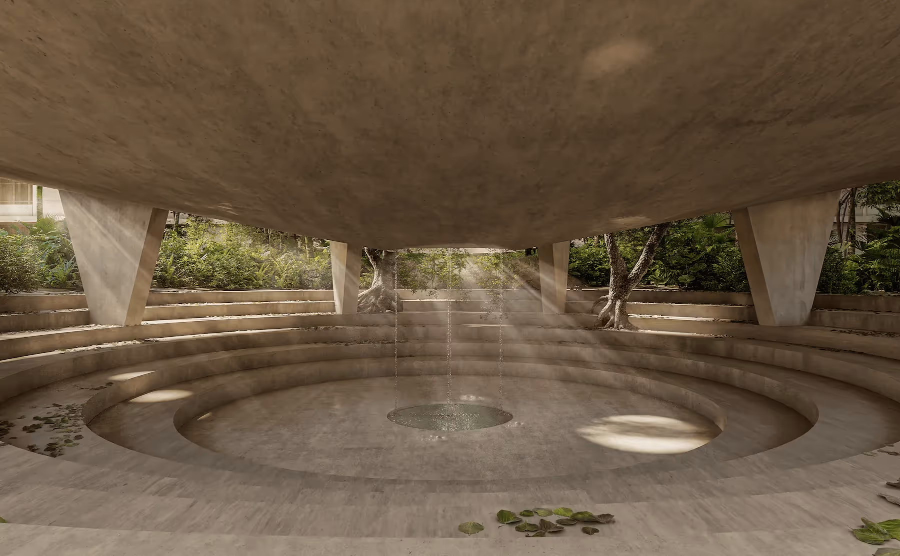 Amphitheater surrounded by jungle greenery at a Tulum development, highlighting the lifestyle benefits of buying a home in Tulum